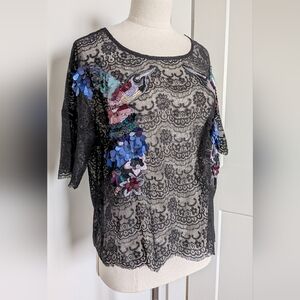 NWOT Buffalo Sheer Black Lace Beaded Sequins Embroidery Floral Bird Top Small